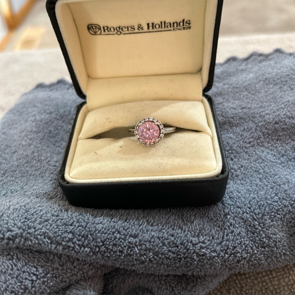 925  Sterling Lab Created Pink Sapphire & Cubic Zirconia Halo Ring Size 6 1/2